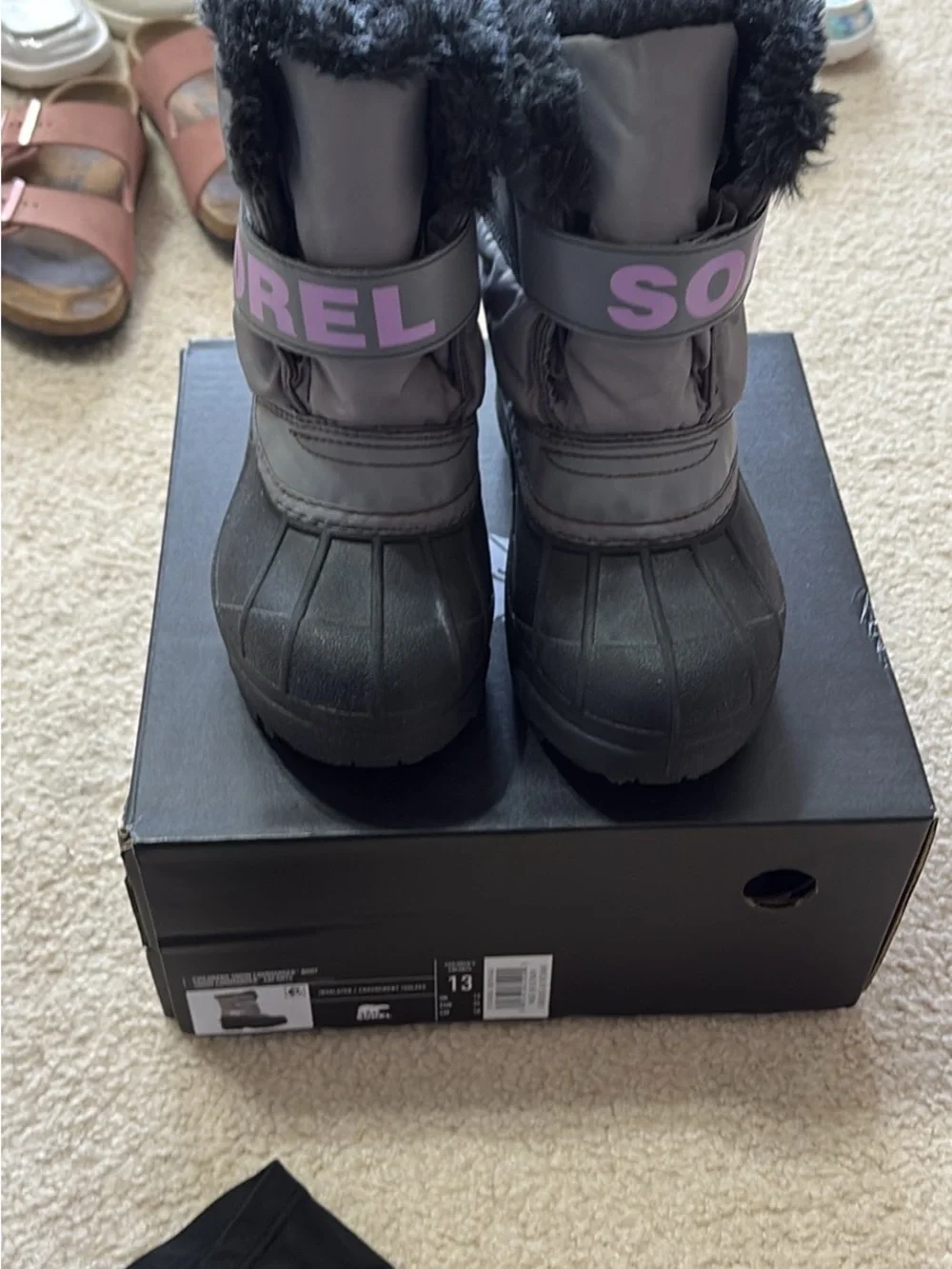Kids Sorel Black Winter Boots with purple accents size 13 Like new
